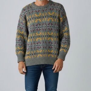 Highland Craft Sweater Men Medium Grey Geometric Wool Scotland Nordic Fisherman